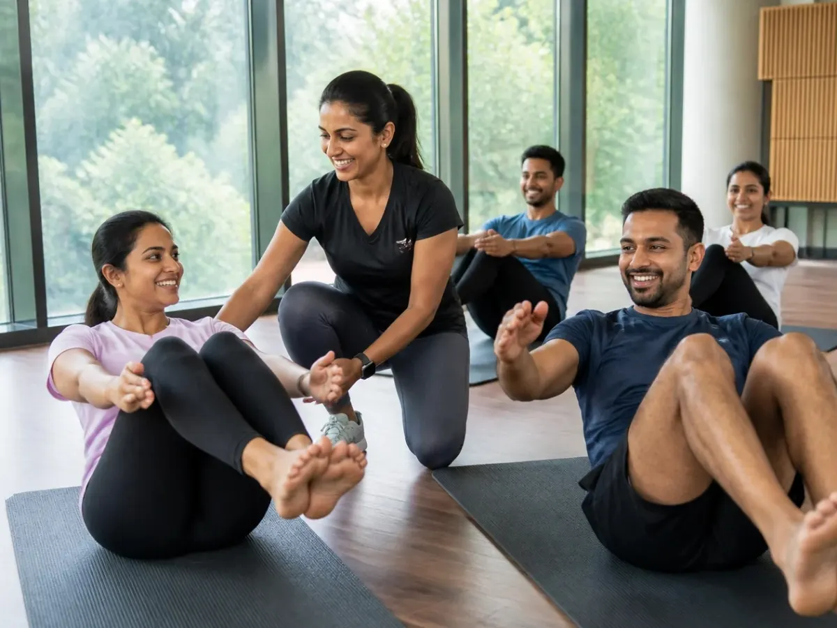 An instructor guiding a small group class on mats in a bright studio