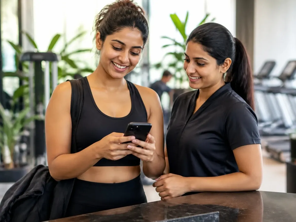 A member smiling at her phone at gym reception after renewing, her trainer beside her