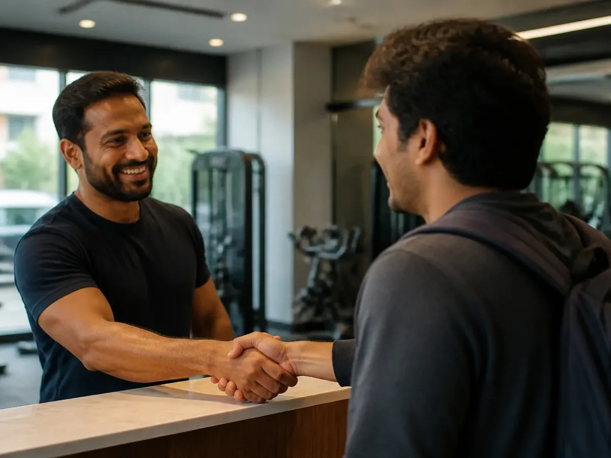 A trainer welcoming a member back at the gym front desk