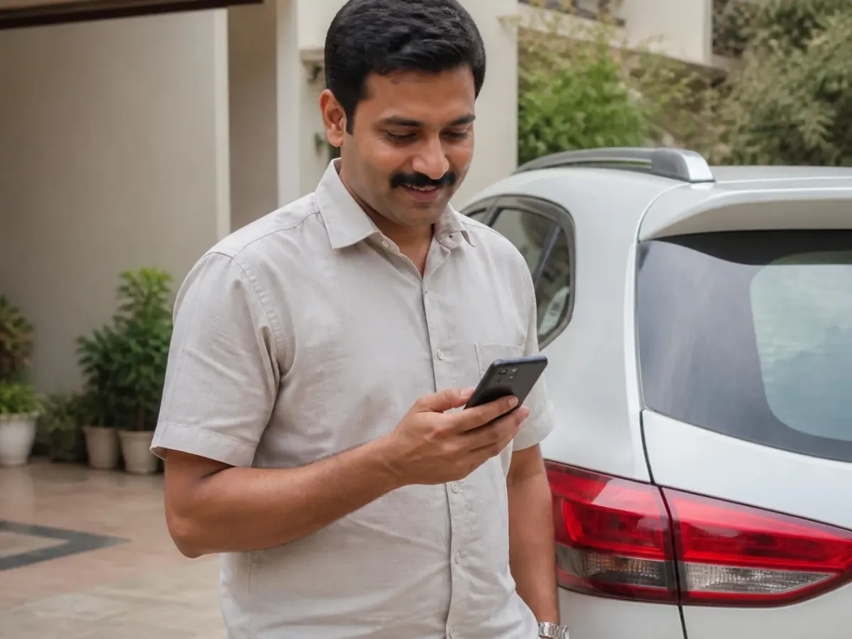 A man beside his car smiling at a renewal reminder on his phone