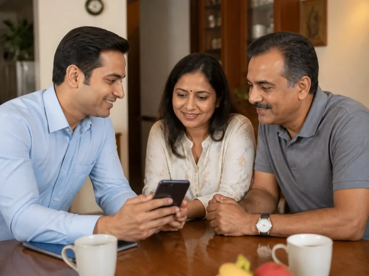 An insurance advisor going through a phone with a couple at their dining table