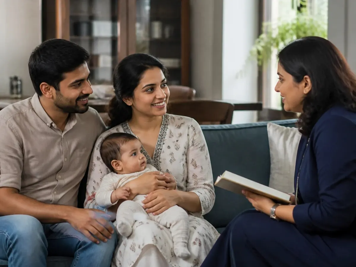 An advisor talking with a young couple holding their baby at home