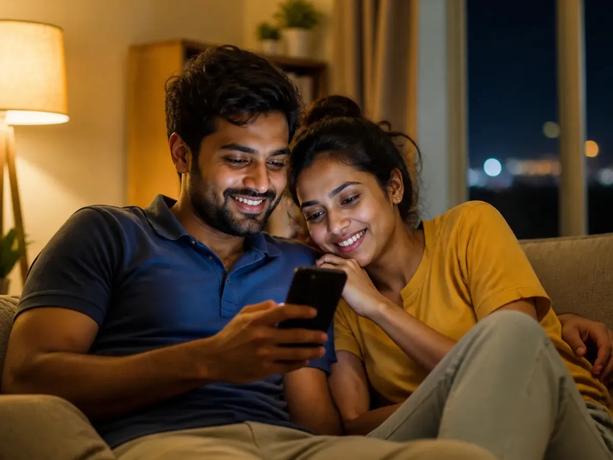 A young couple browsing homes on a phone on their sofa at night