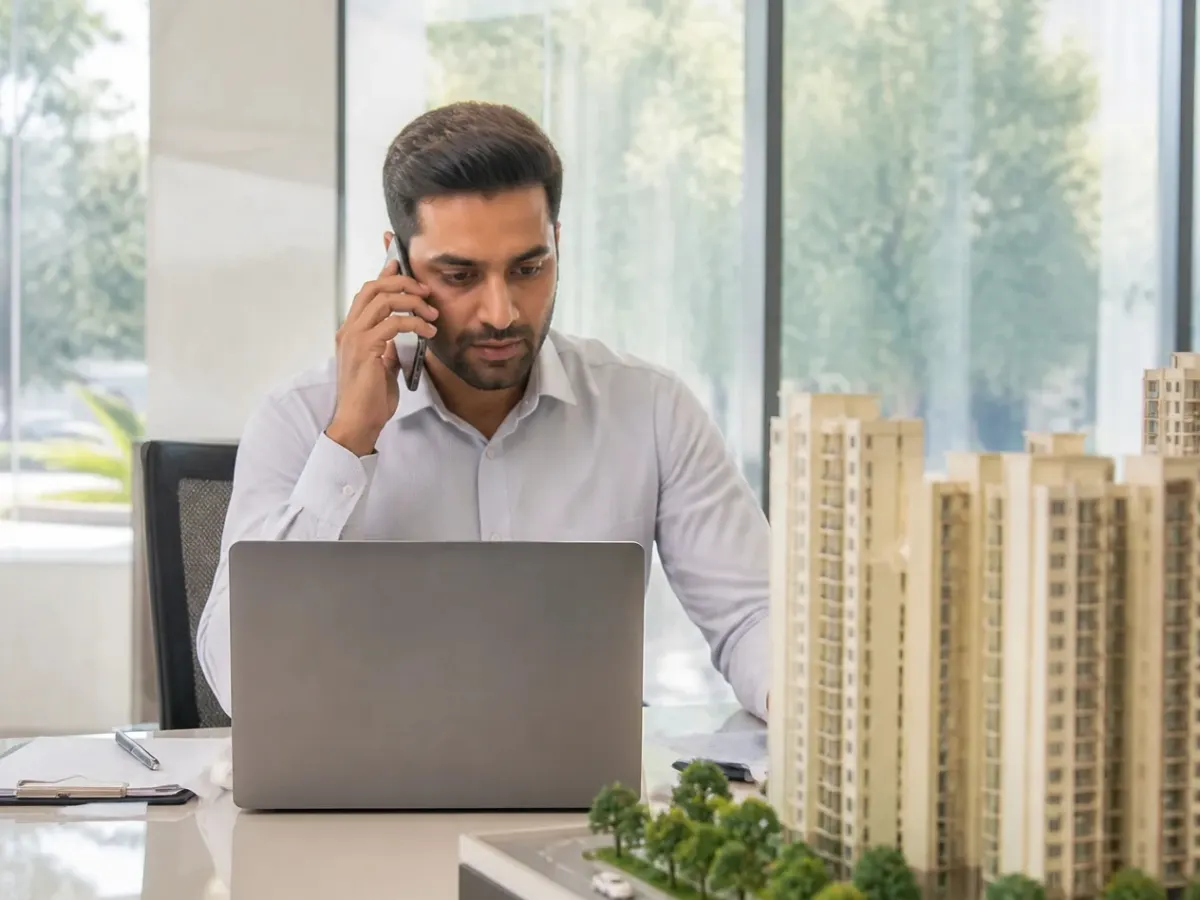 A sales advisor on a call at his desk beside a project model