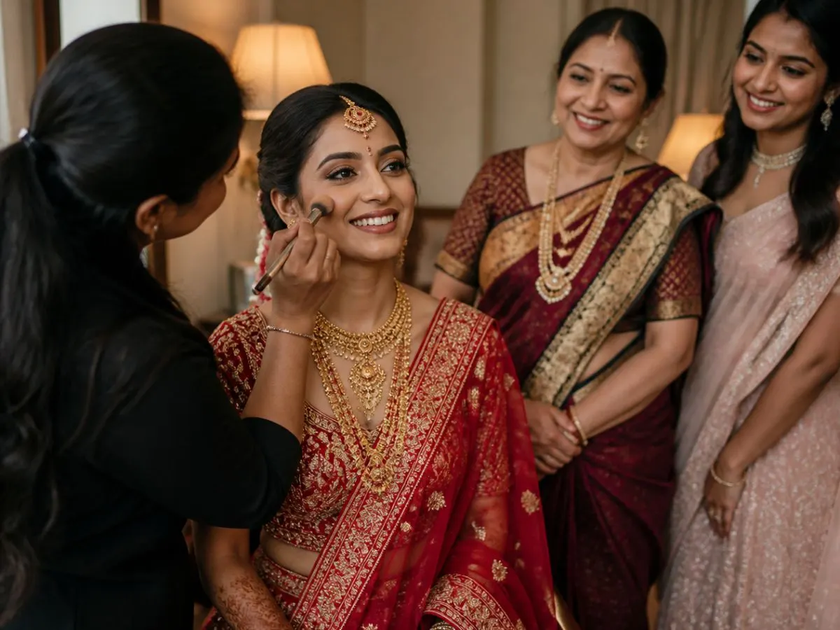 A makeup artist getting a bride ready while her family watches