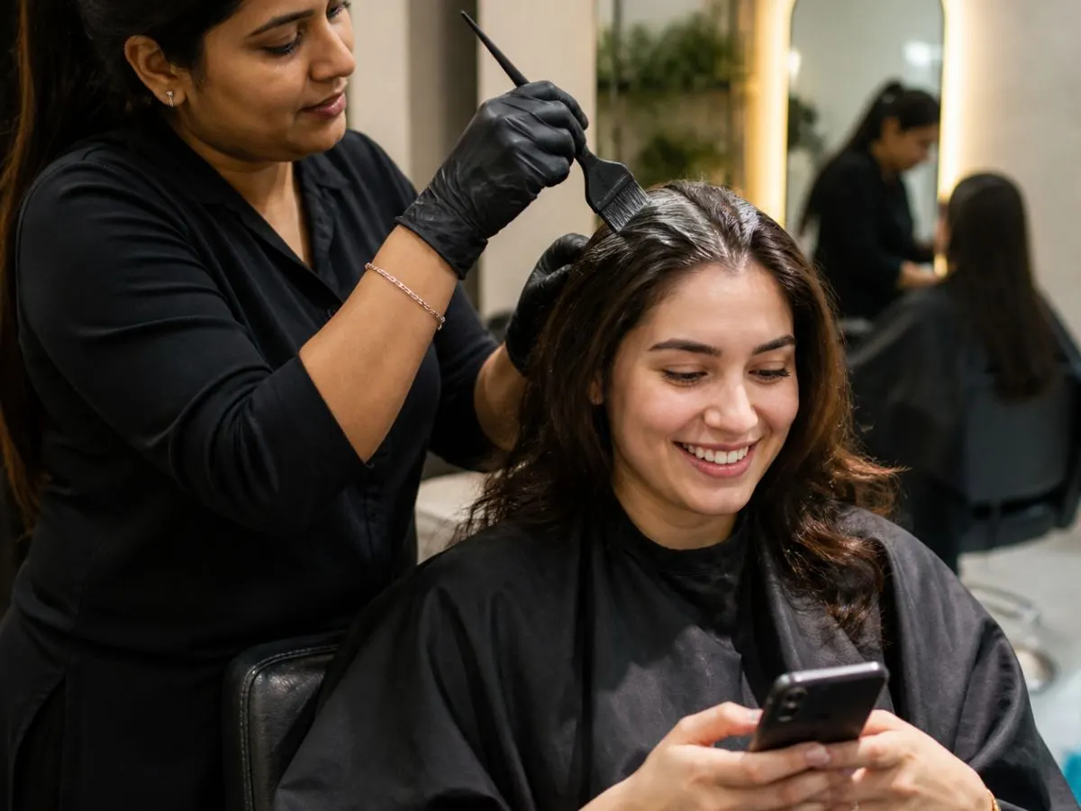 A stylist doing a client’s hair colour while she checks her phone