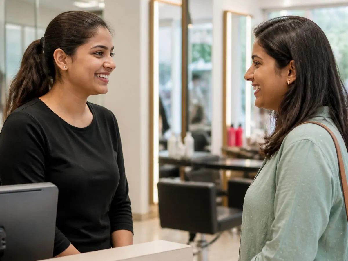 A stylist greeting a regular client at the salon reception