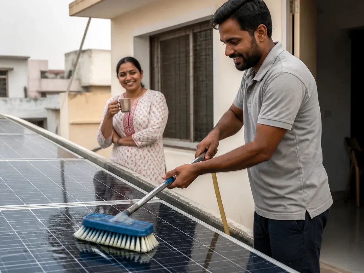 A technician cleaning rooftop solar panels while the homeowner watches with tea