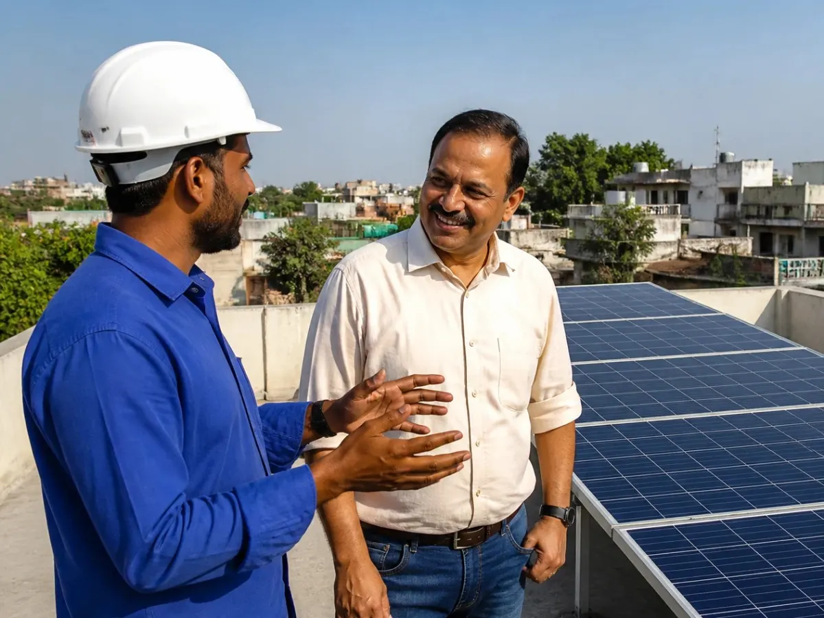 A technician explaining newly installed rooftop solar panels to a homeowner