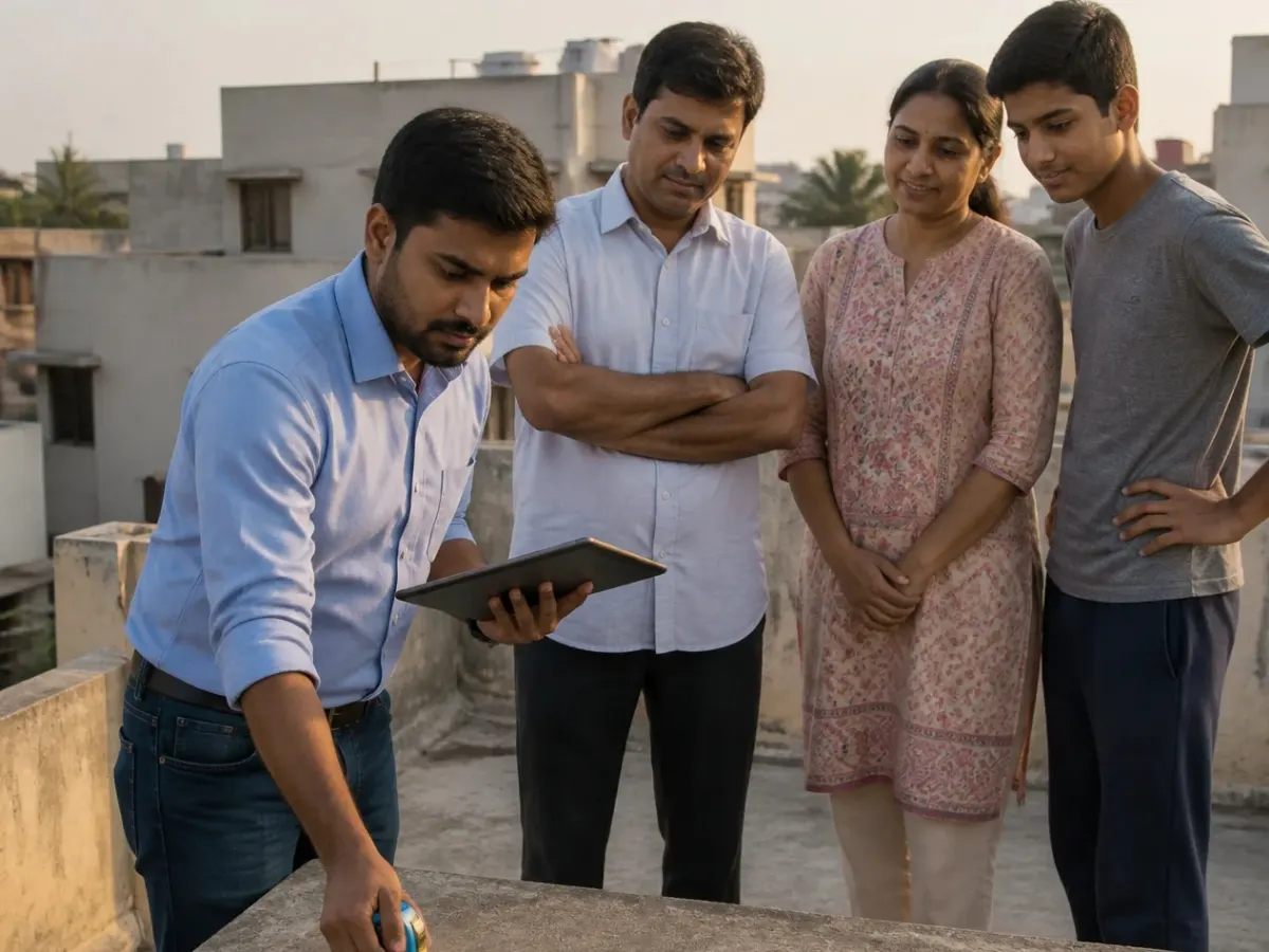 A site surveyor checking a terrace roof on a tablet while the family watches