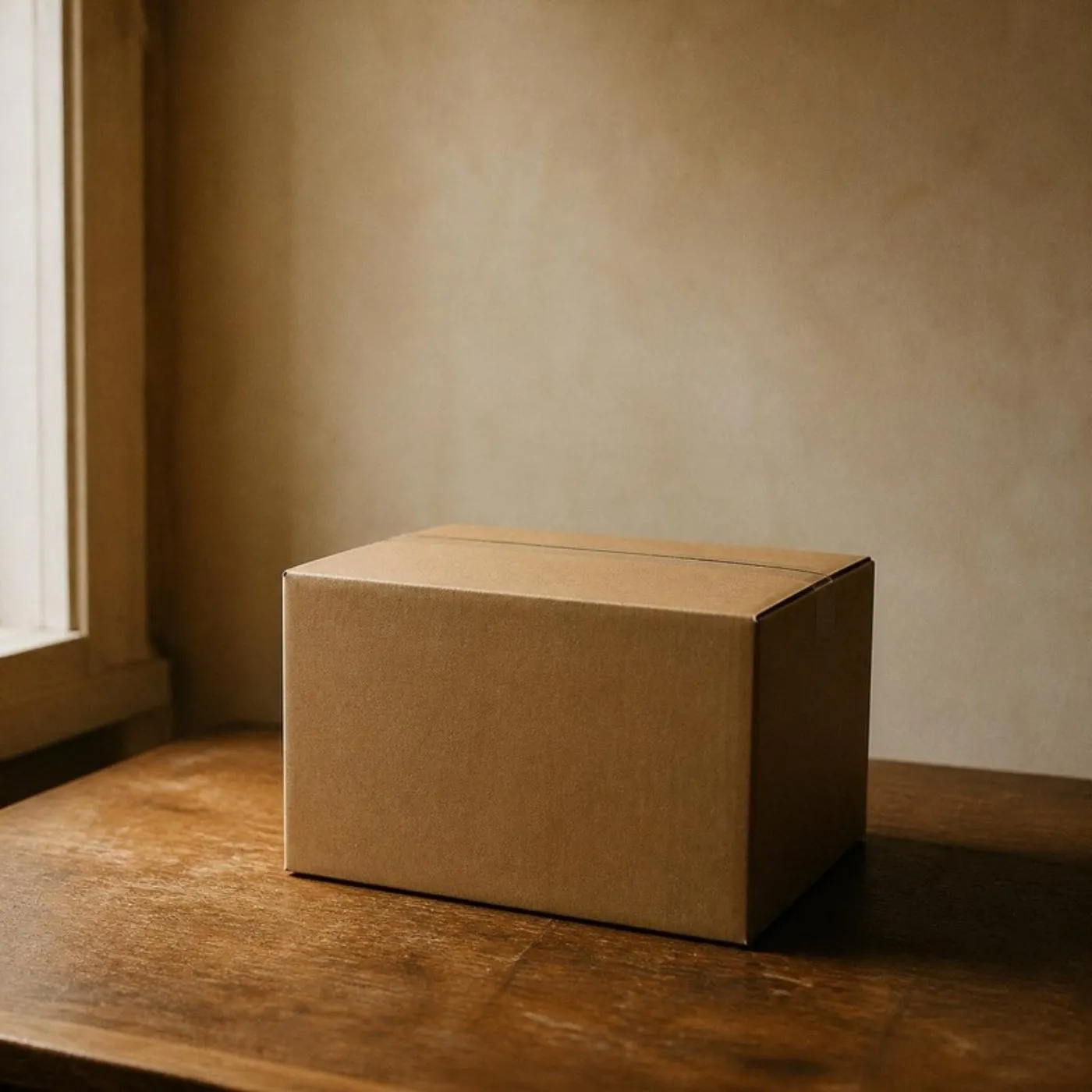 A plain unbranded cardboard box on a wooden desk