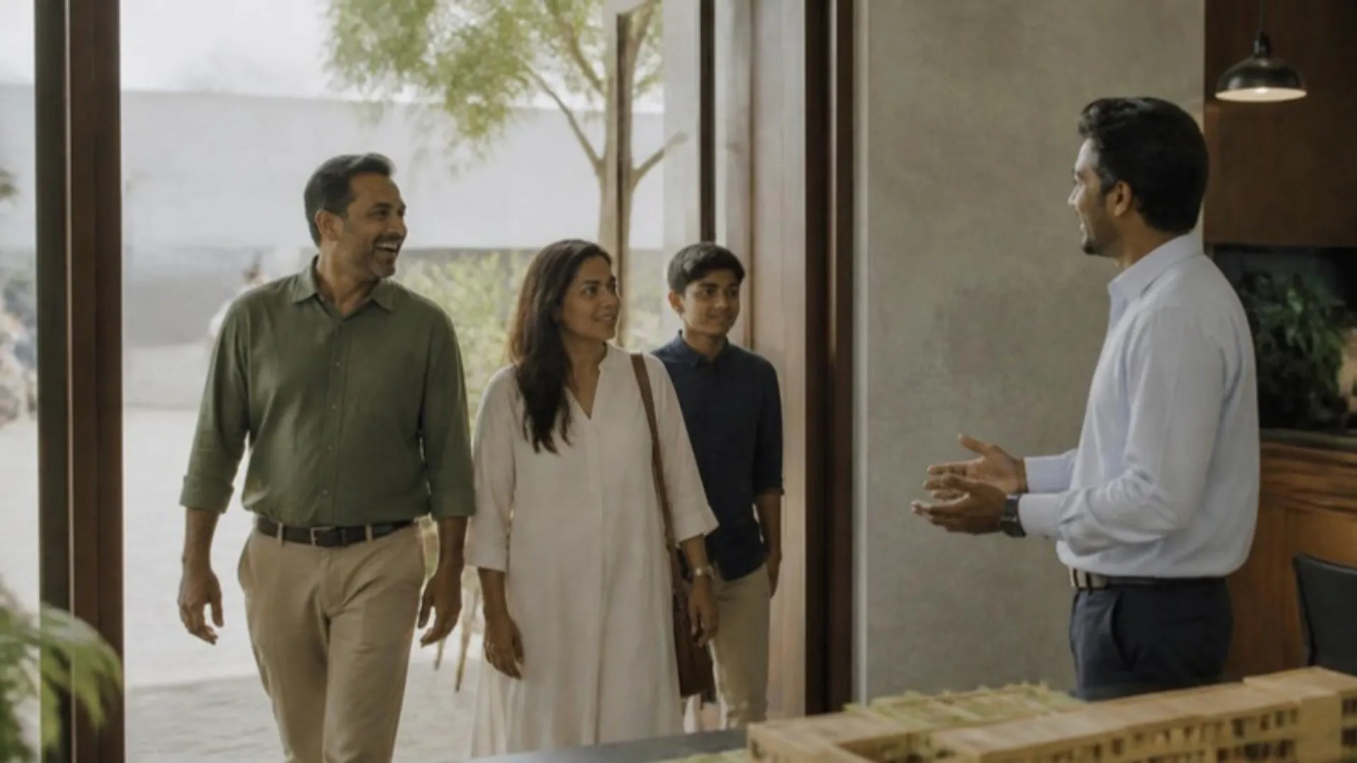 A family being welcomed by a staff member who already knows them
