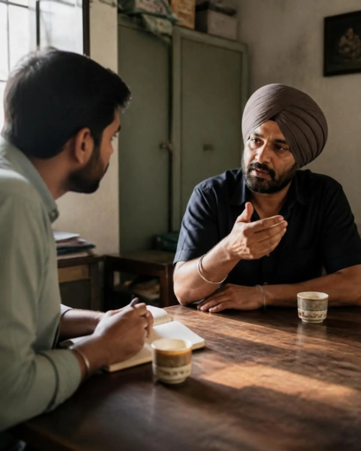 A founder explaining how his business works to a FLO consultant over chai