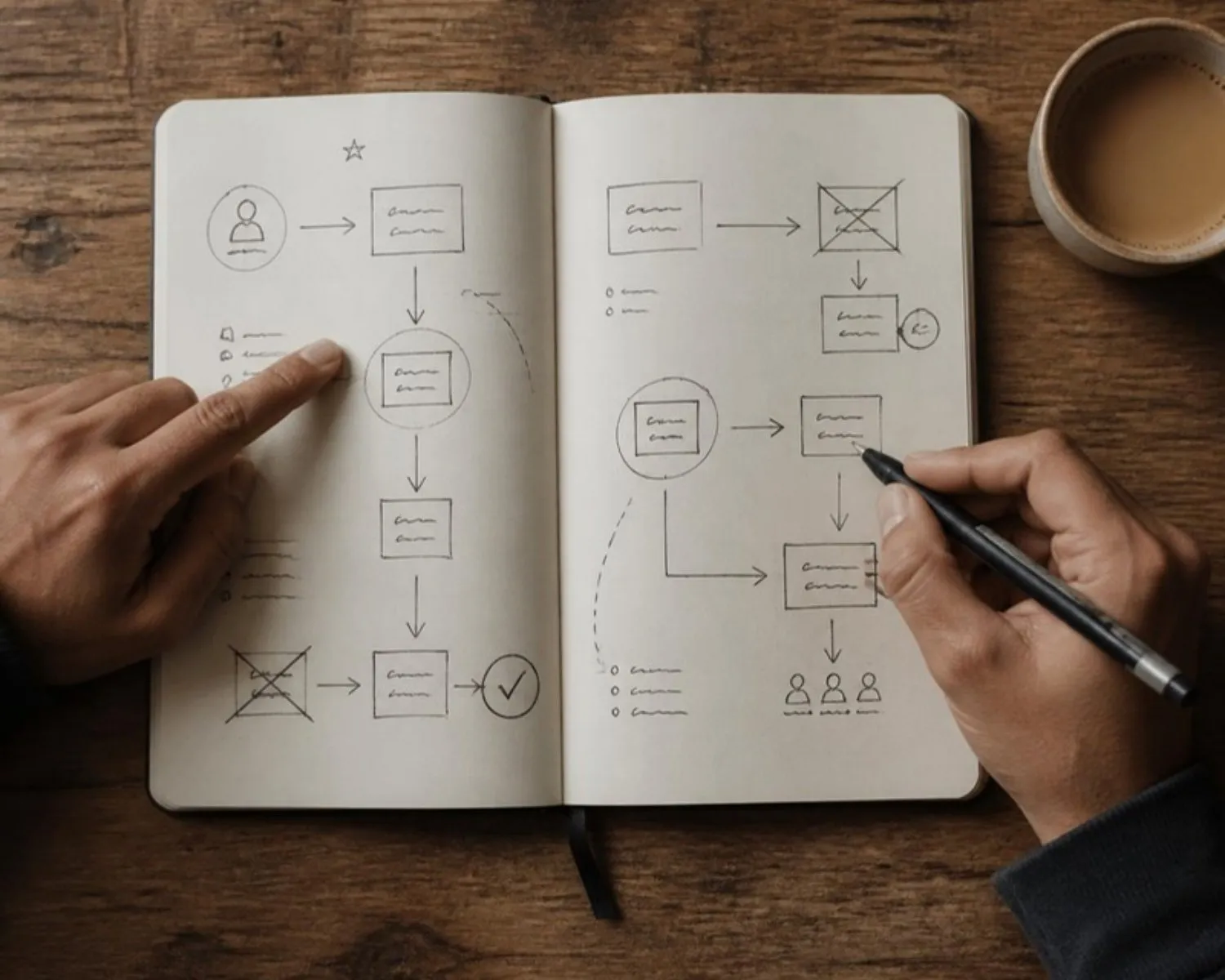 Hands sketching a customer journey in a paper notebook