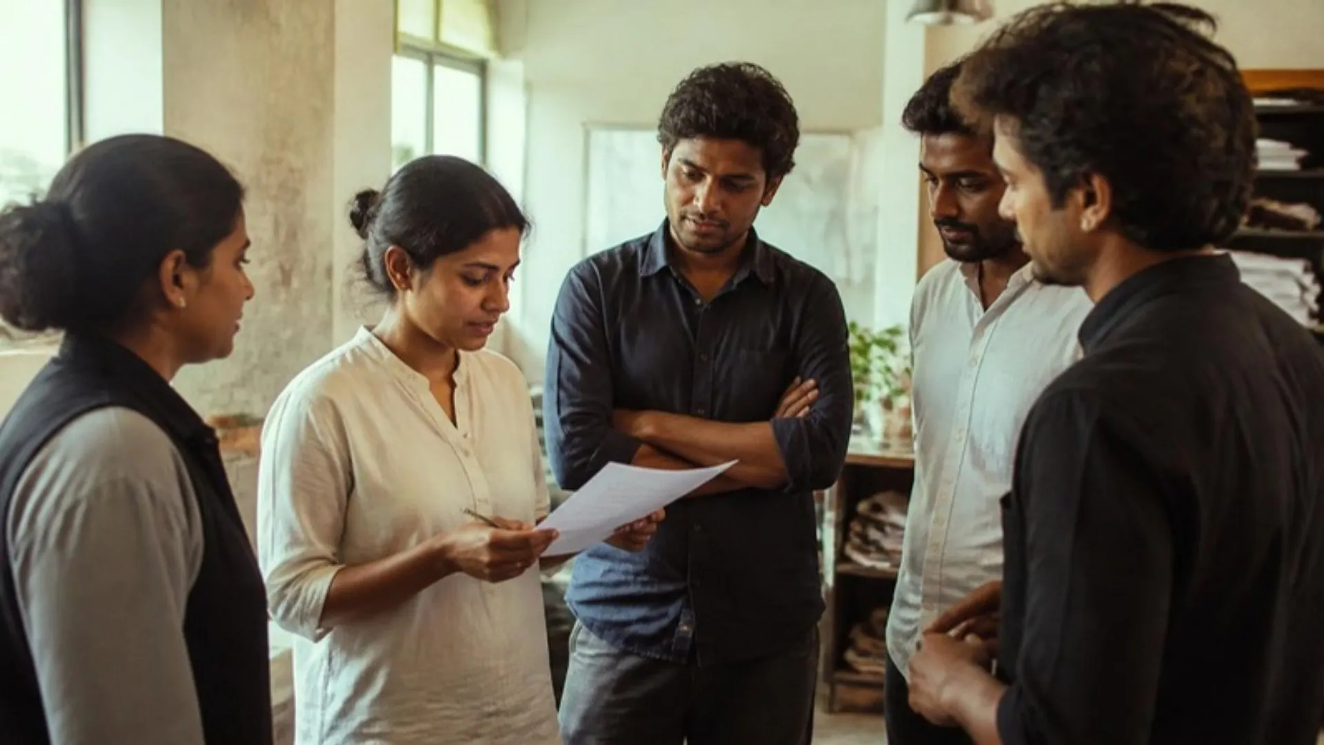 A small team in a short morning huddle, one person reading a list, others listening. Focused, light energy.