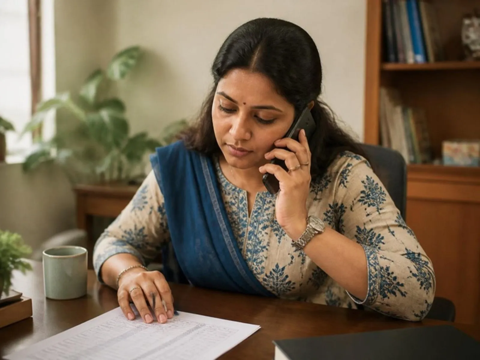 A counsellor on a call at her desk, a printed list with ticks beside her, mid-morning light. Phone at her ear, nothing on any screen visible.