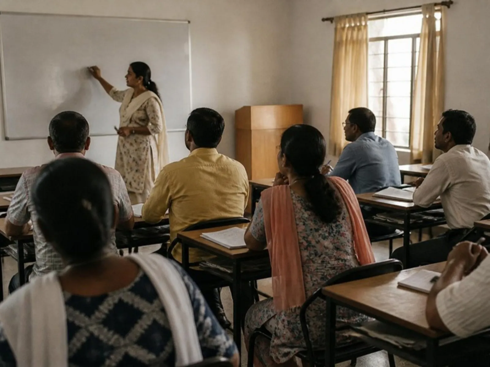 A small classroom of adult students mid-lesson, a teacher at a whiteboard, natural light. Engaged, not posed.