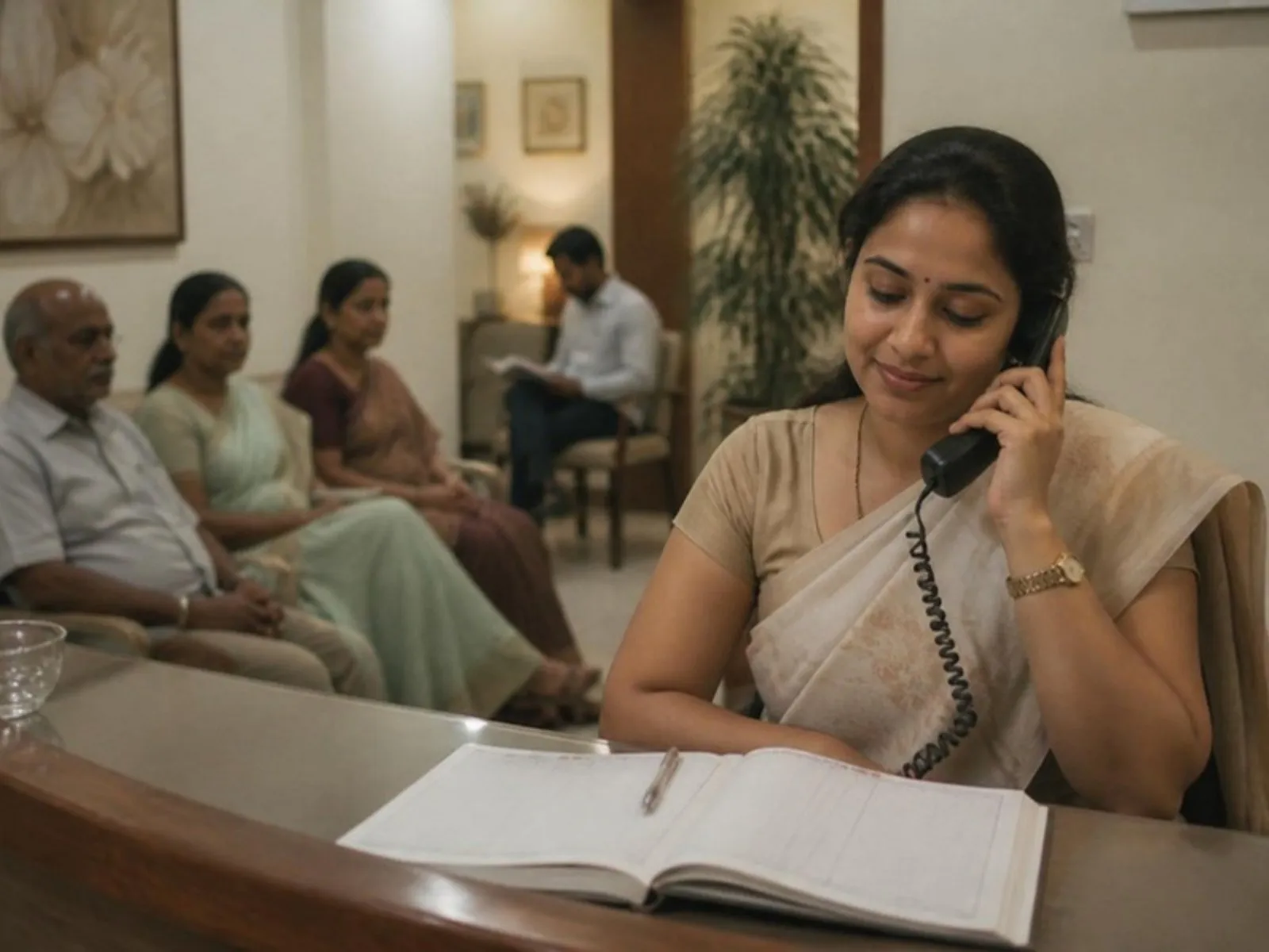 A receptionist at a calm front desk answering a call, appointment book open, patients waiting relaxed in the background.