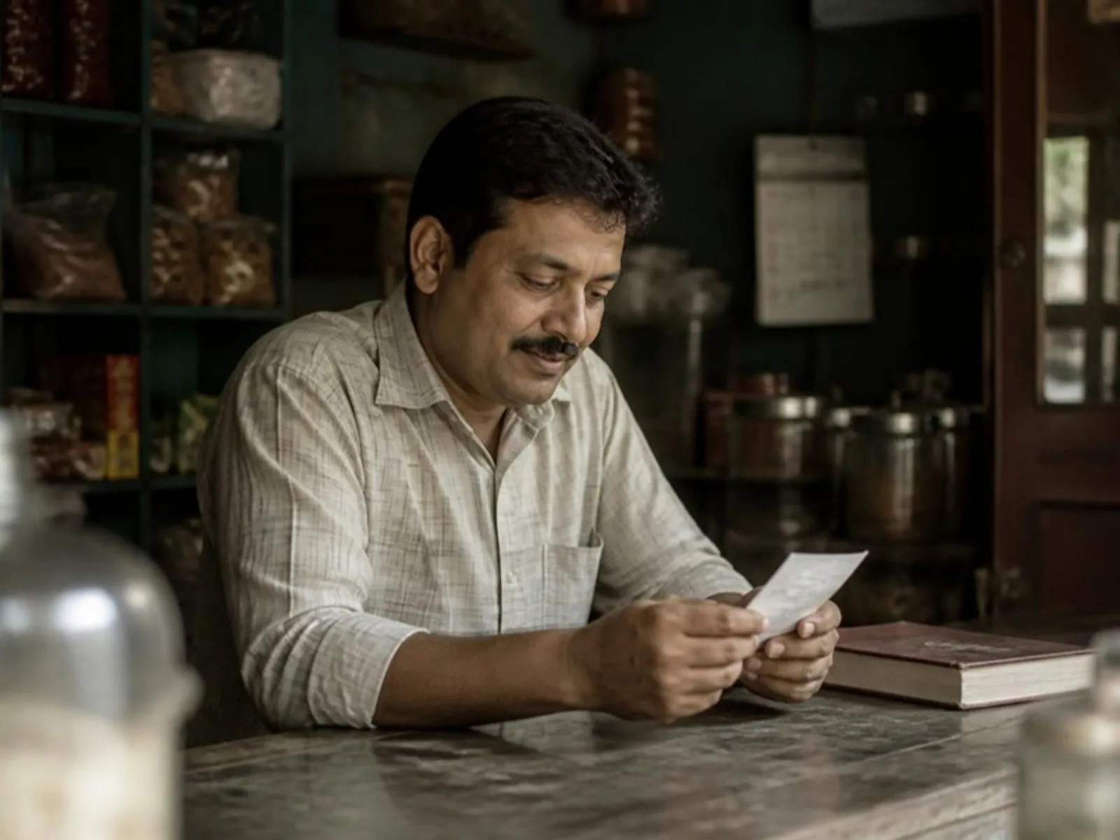 A small business owner at a shop counter looking relaxed, reading a short handwritten list, ledger closed beside him.