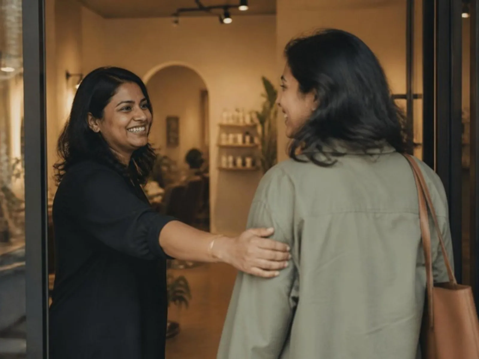 A salon owner greeting a returning client at the door, both smiling, warm interior light. Candid, not posed.