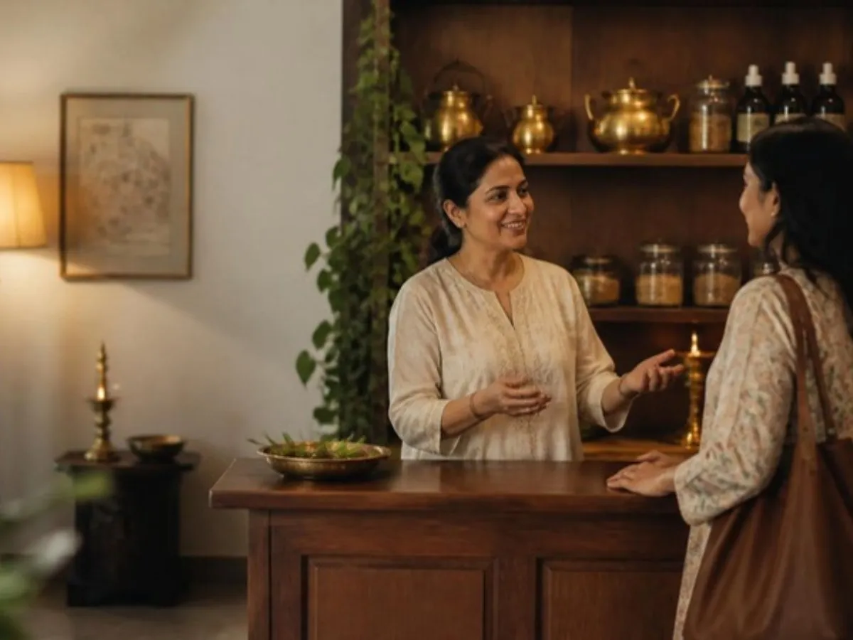 The owner of an Ayurveda wellness centre greeting a returning client at reception
