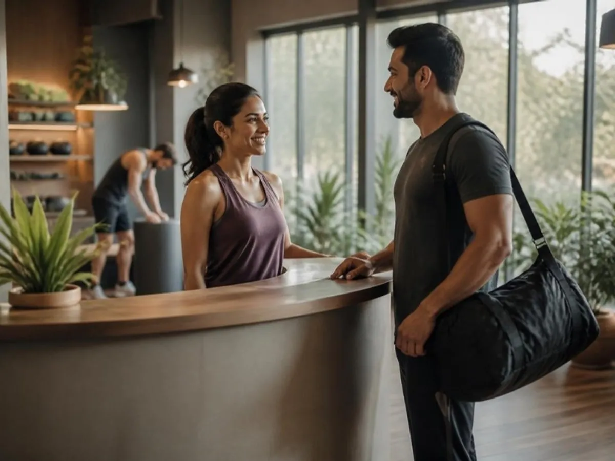 A fitness studio front desk welcoming a member back