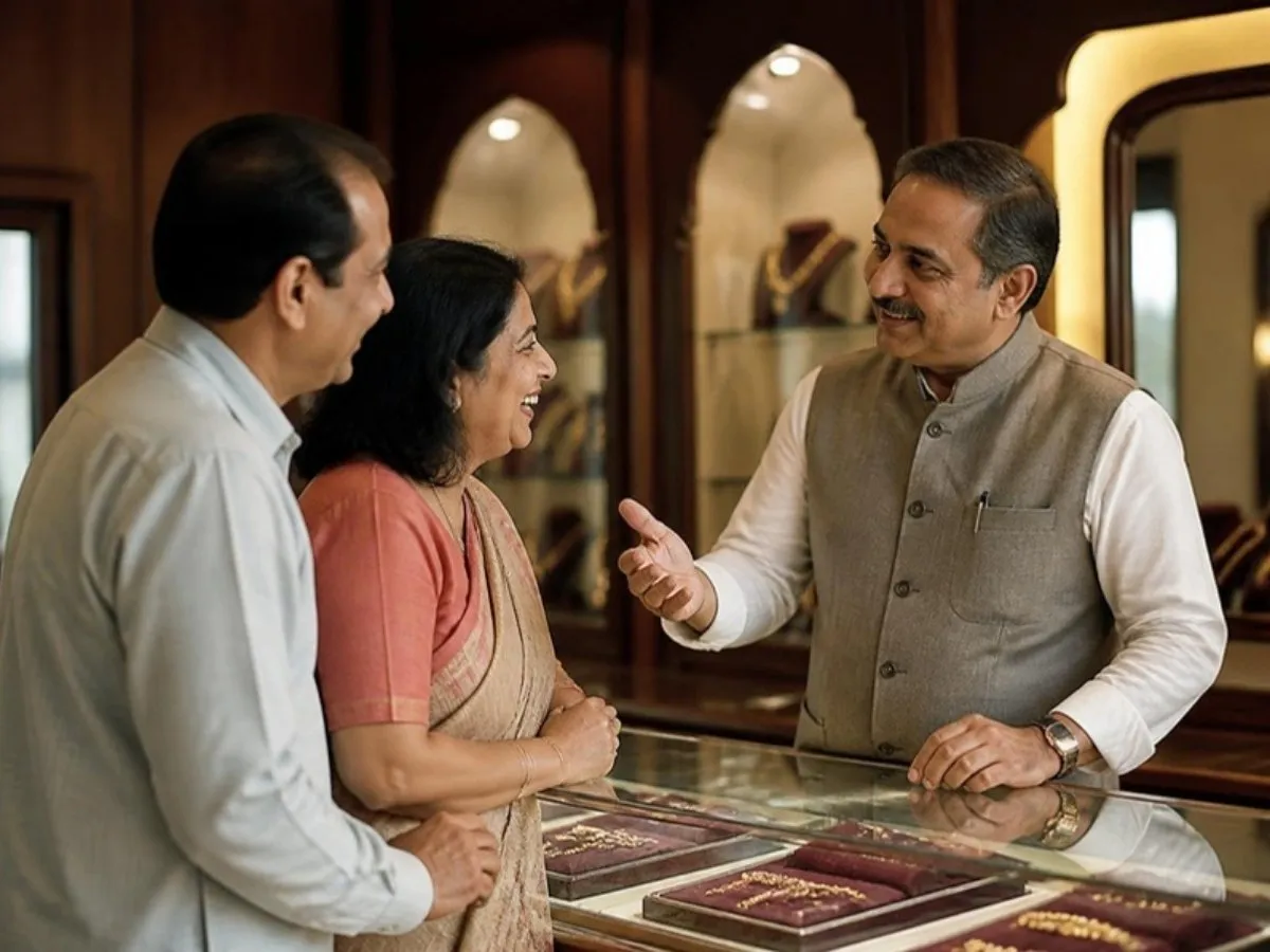 A jewellery store owner welcoming a couple to the counter