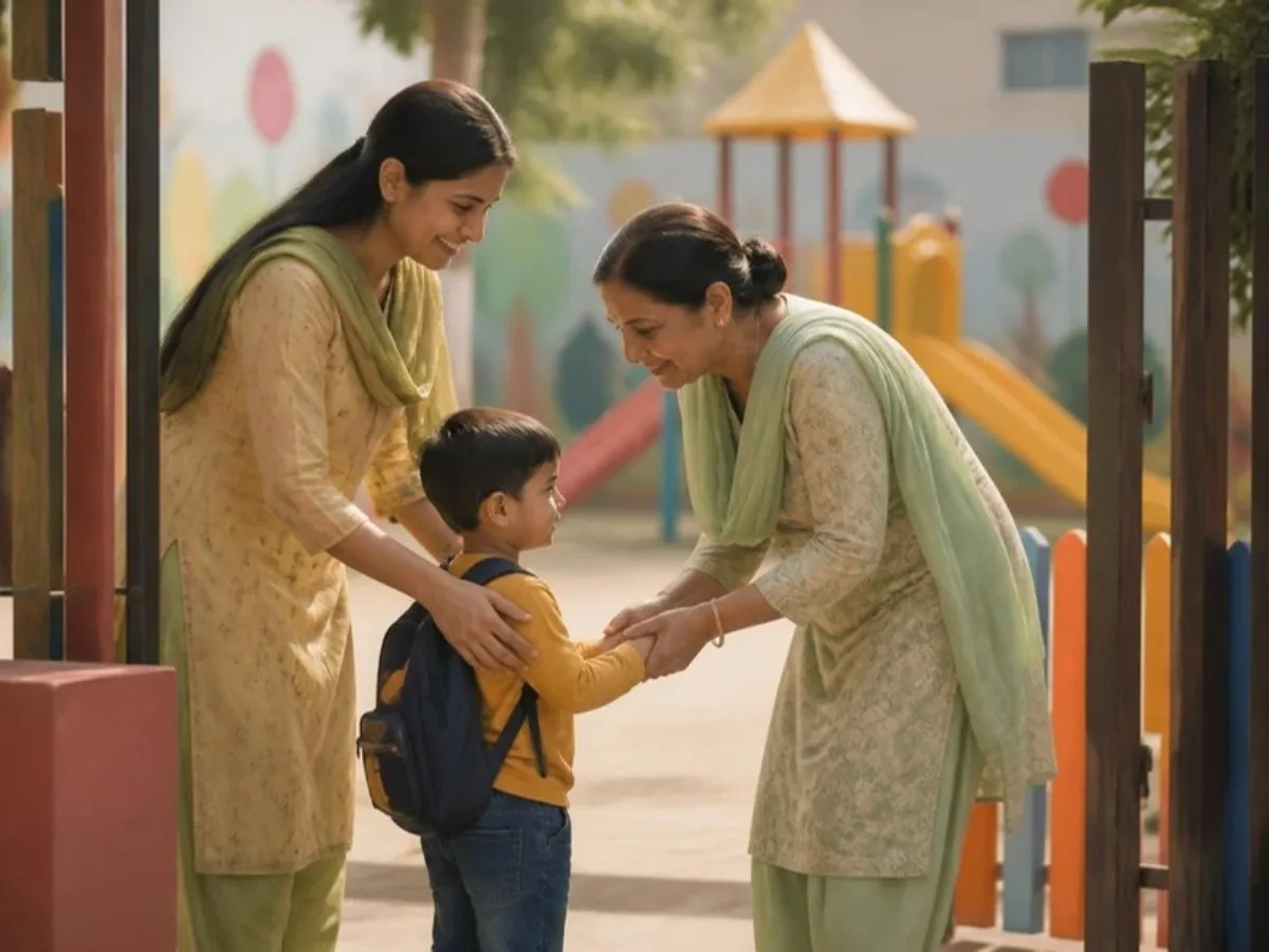 A preschool teacher handing a child over to his grandmother at the gate
