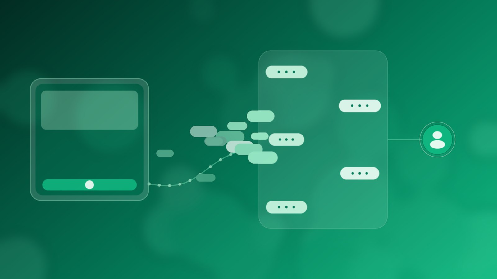 Abstract emerald and teal ad-click path opening into a WhatsApp chat lane with a named owner node