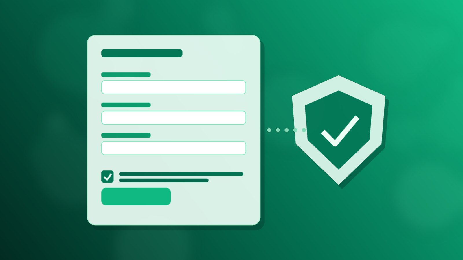 Abstract emerald and teal enquiry form with input fields, a ticked checkbox and a shield shape beside it