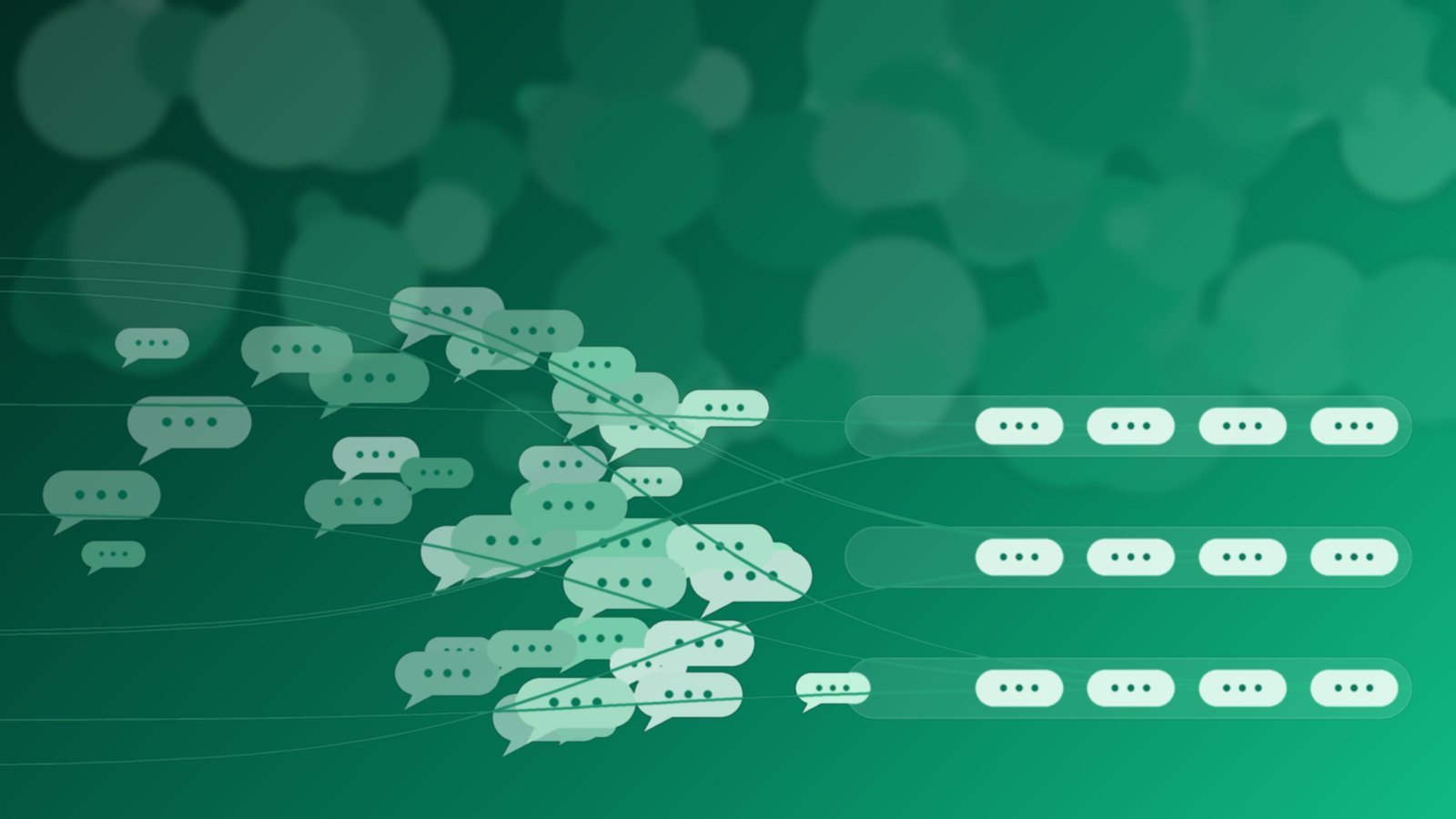 Abstract emerald and teal message bubbles flowing into orderly lanes under soft festive lights