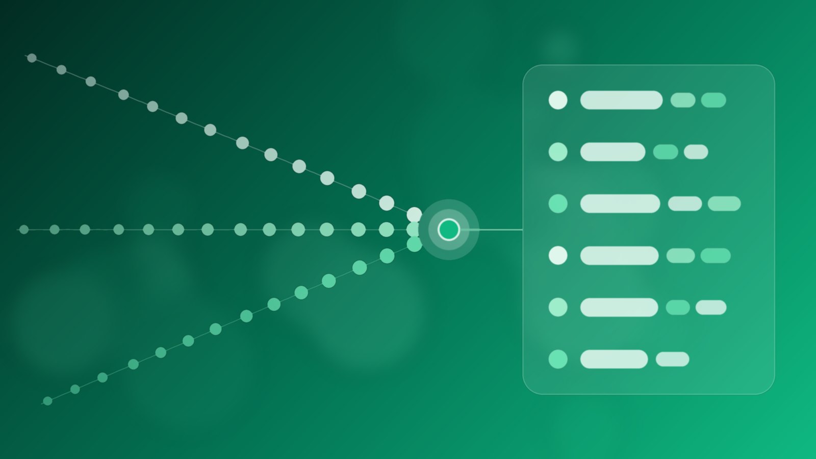 Abstract emerald and teal streams of dots from several directions merging into one orderly lane of labelled rows