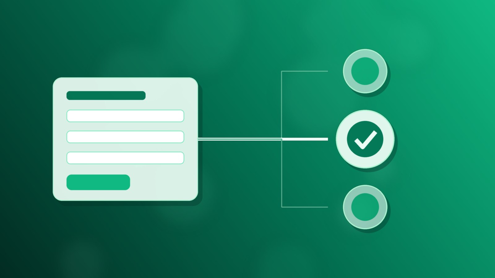 Abstract emerald and teal enquiry form card linked to three round markers, the middle one ticked