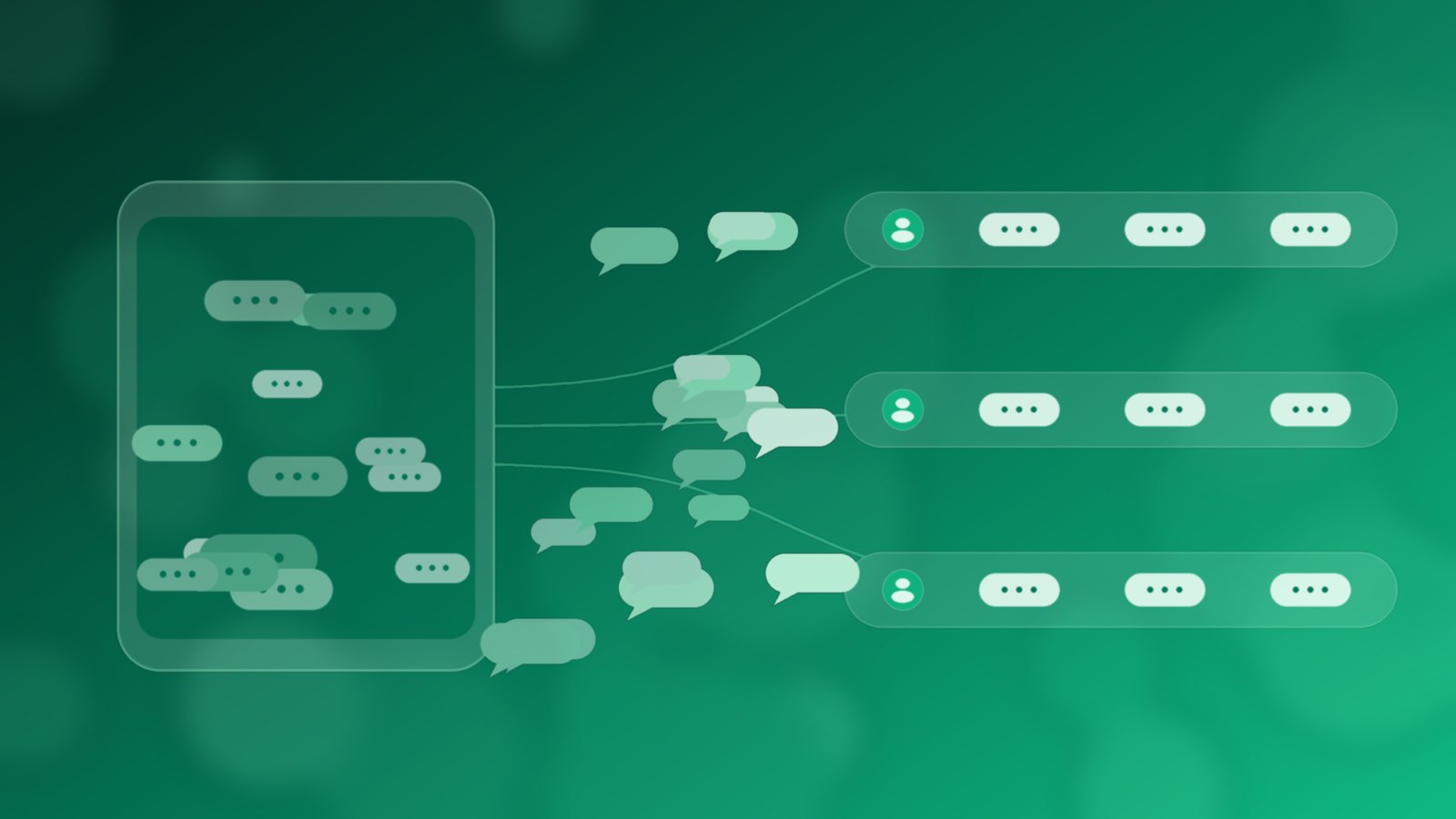 Abstract emerald and teal message bubbles leaving a shared phone into three named owner lanes