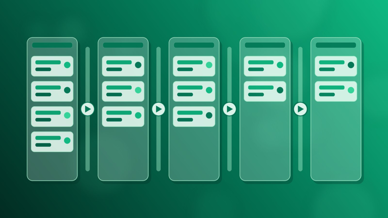 Abstract emerald and teal pipeline of stage columns with gates between them and enquiry cards moving left to right