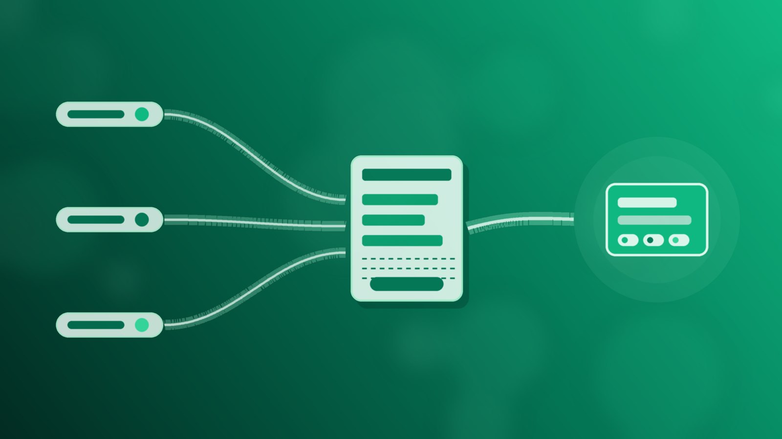 Abstract emerald and teal campaign links flowing into a form with a tagged enquiry card