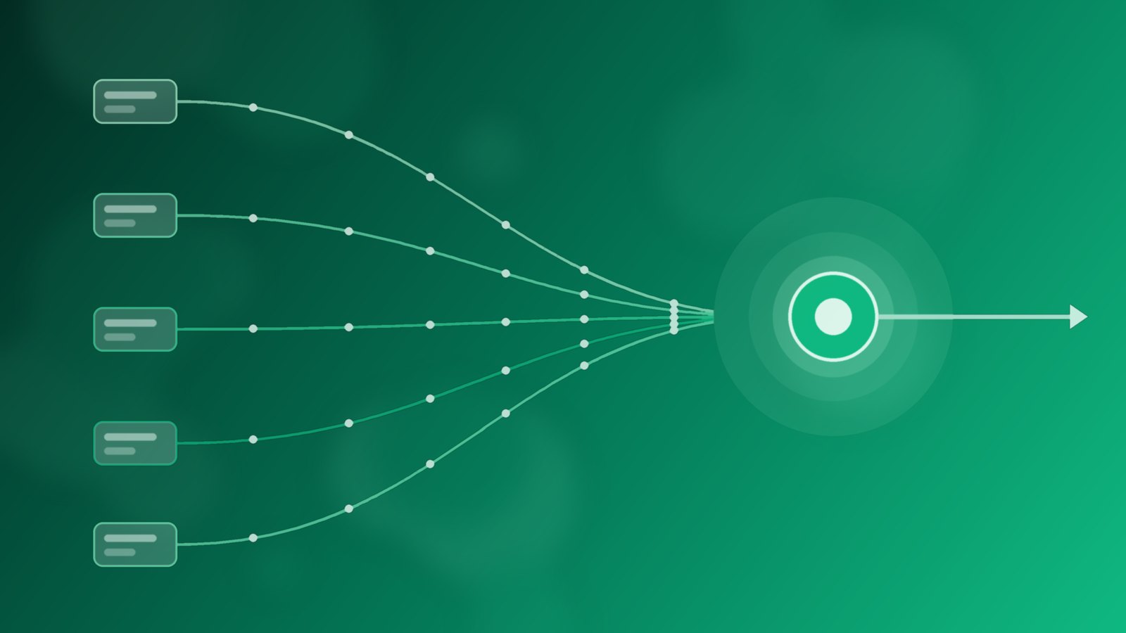 Abstract emerald and teal streams flowing from several points into one bright landing point