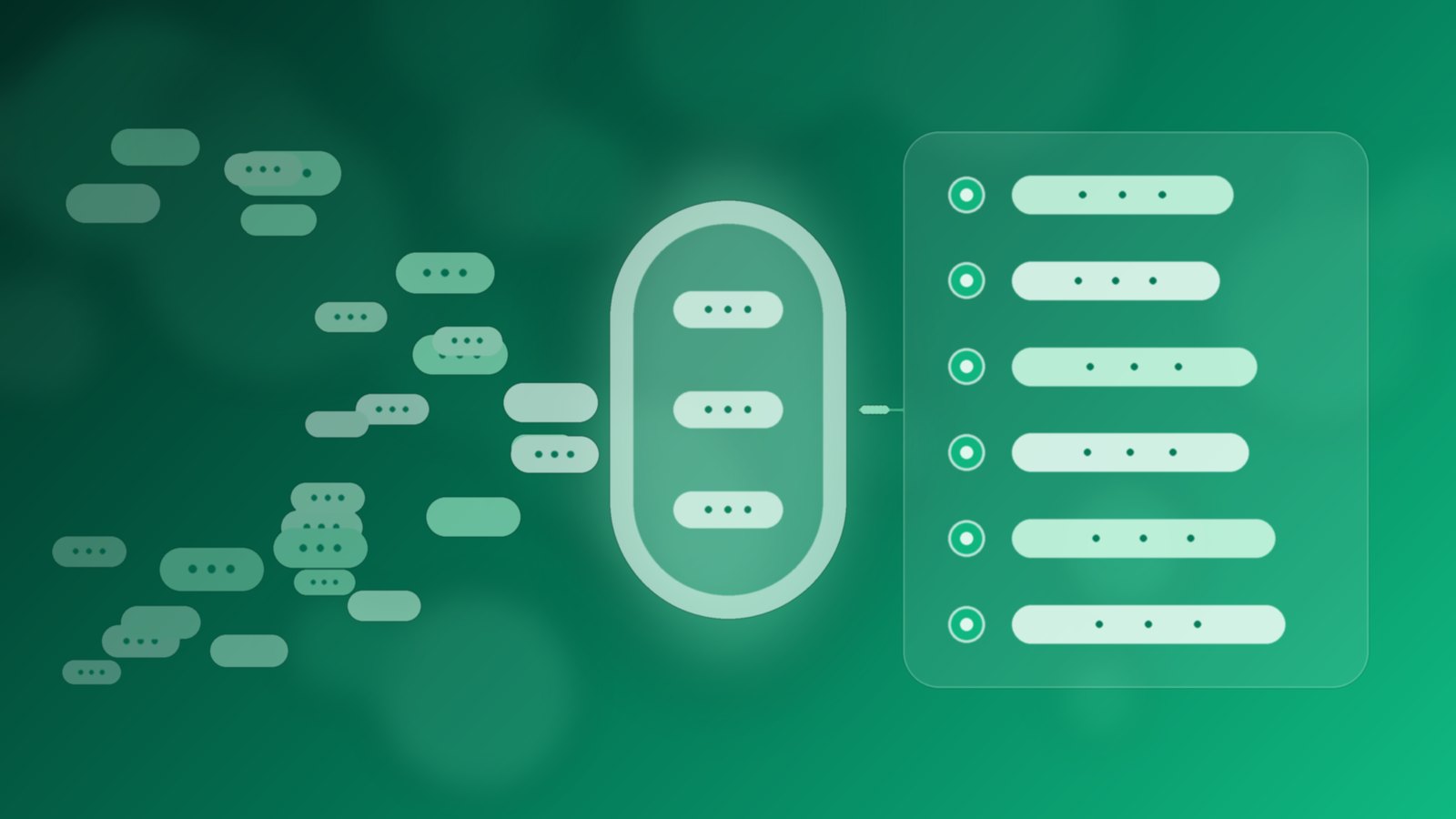 Abstract emerald and teal message bubbles passing through a soft gateway into an orderly contact lane