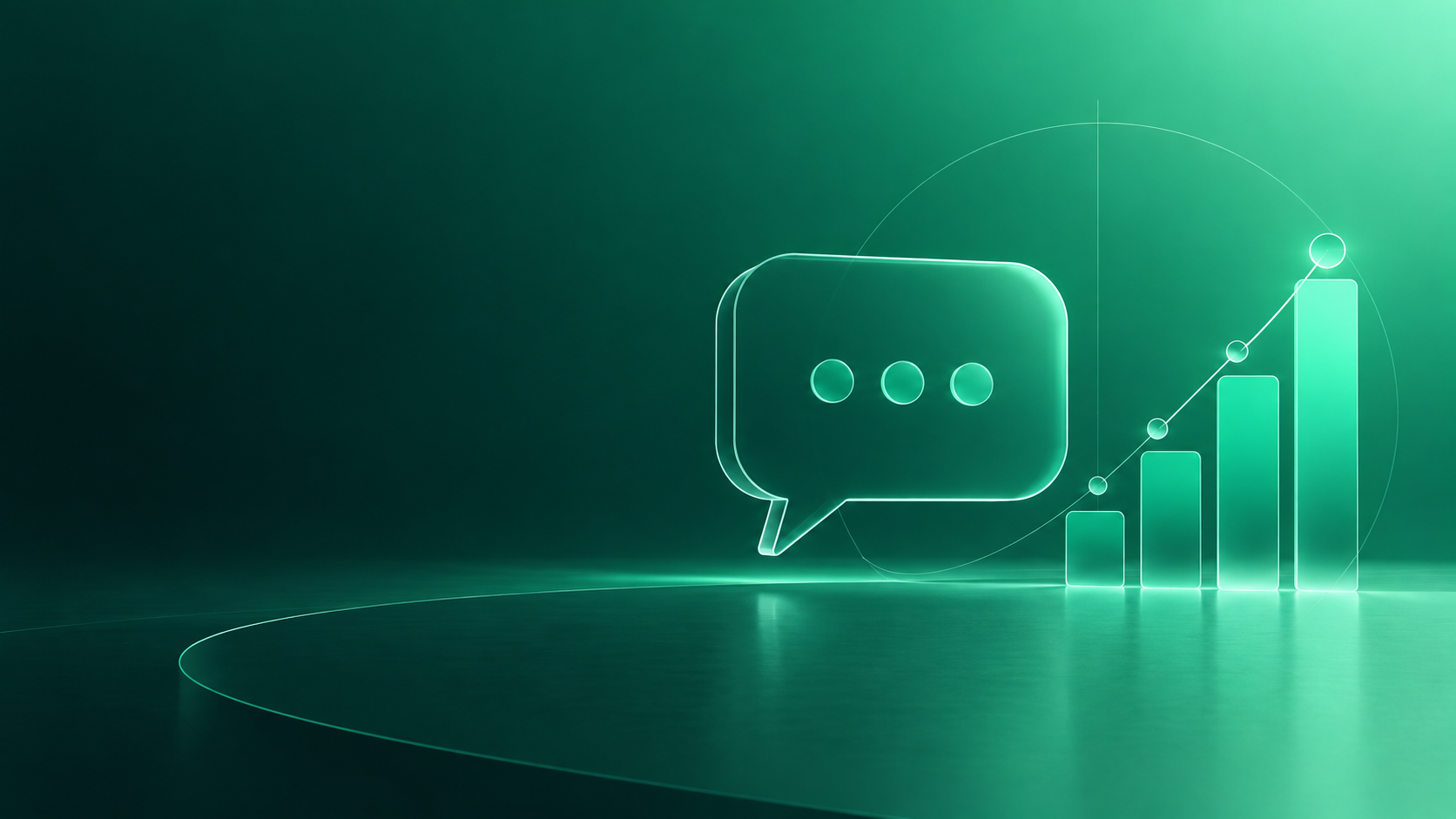 Illustration of a WhatsApp conversation window with a cost meter, emerald and teal palette